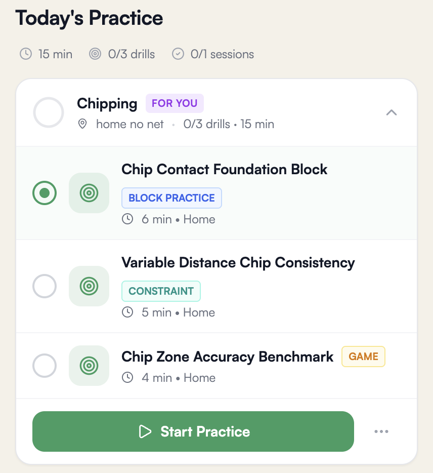 Today's Practice screen showing a personalized chipping session with 3 drills and drill types