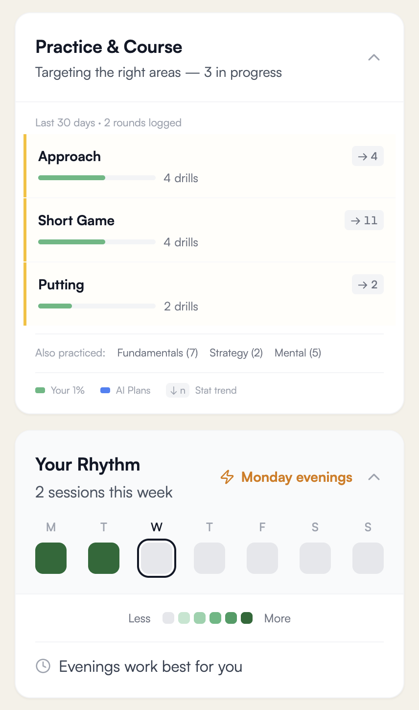 The Loop showing practice and course data breakdown by category, weekly rhythm heatmap, and pattern detection